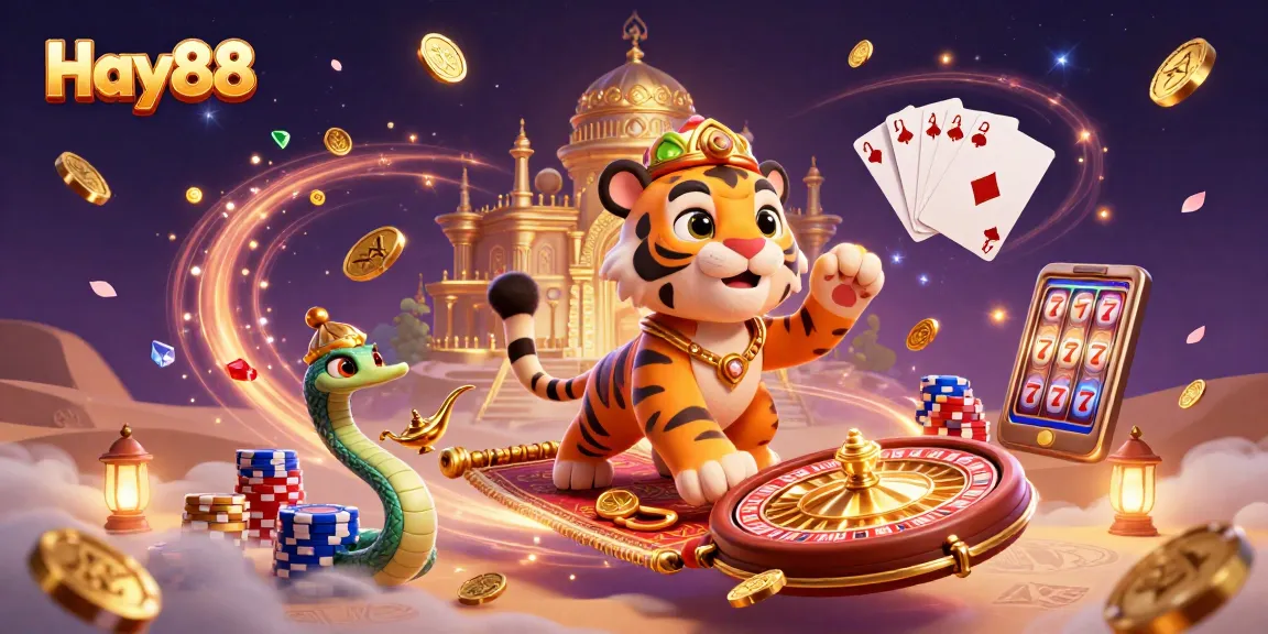 Join the excitement at Hay88 with dynamic gaming elements and vibrant characters in a magical scene.