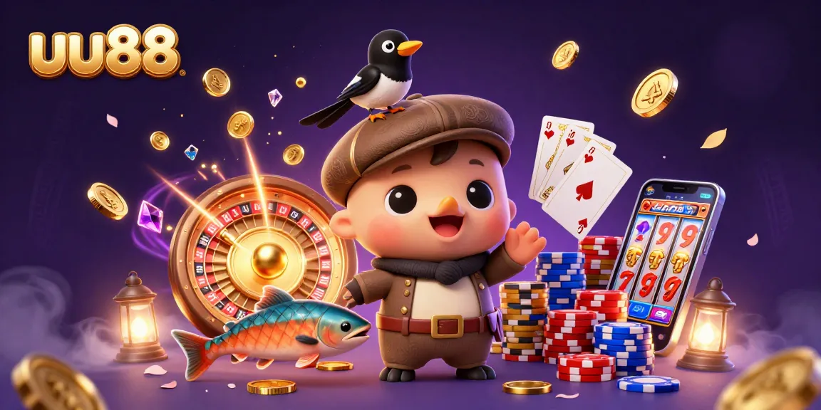 Play with uu88 and enjoy gold coins and vibrant characters in a lively casino illustration.
