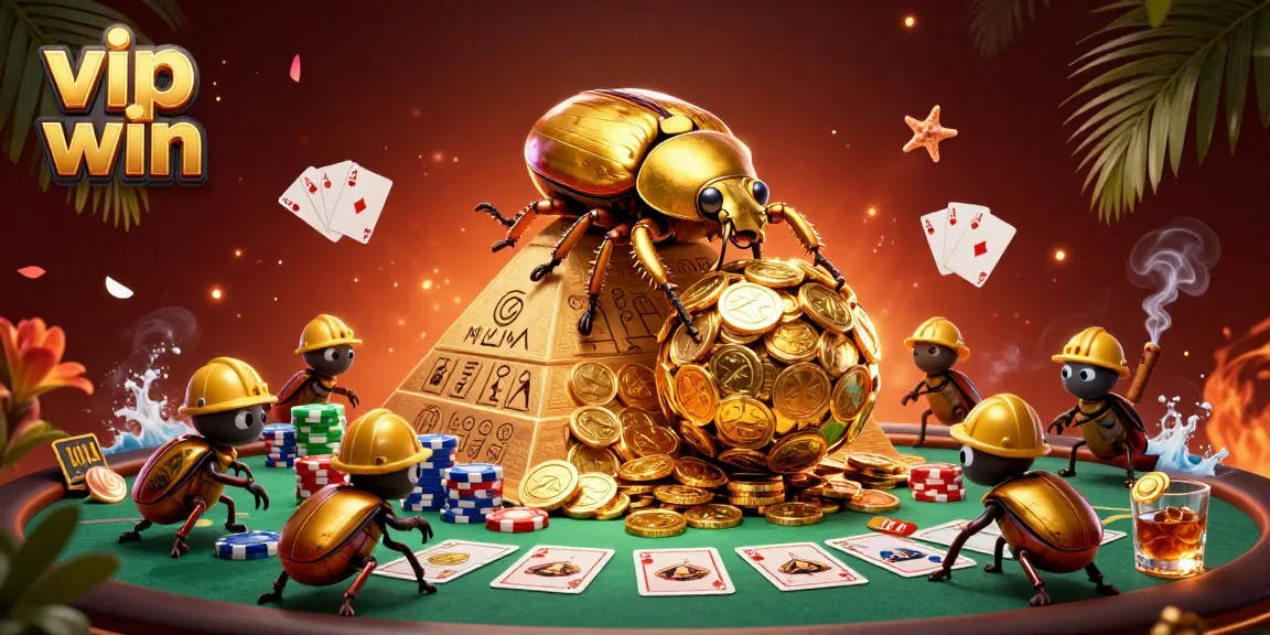 Experience thrilling rolls of the golden beetle at vip win casino with vibrant casino elements in a dynamic scene.