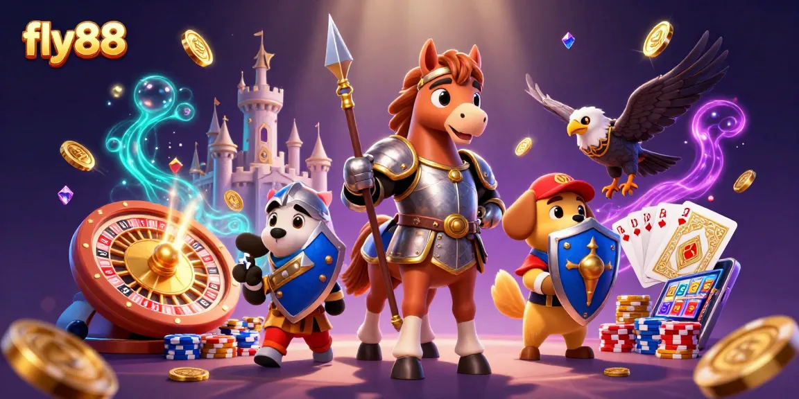 Experience thrilling action in fly88 with a 3D knight, puppy, and falcon amidst casino treasures.