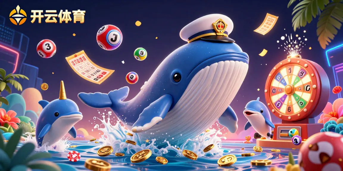 Playful dolphins performing tricks and a giant whale in a vibrant casino scene at 开云体育, surrounded by winning prizes.
