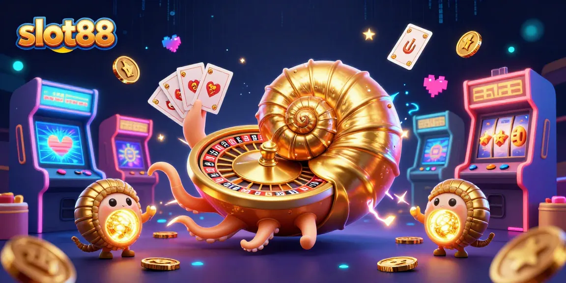 Experience excitement with slot88 as an ancient nautilus spins a roulette wheel with glowing companions.