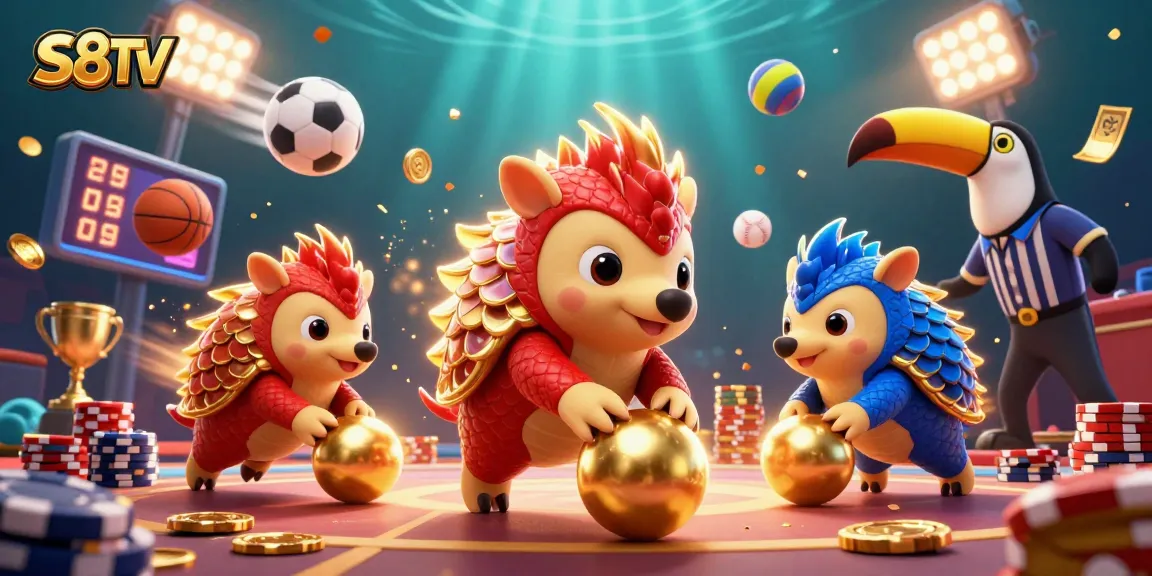 S8TV features rival pangolins competing amidst flying sports balls and poker chips in a vibrant, dynamic 3D scene.