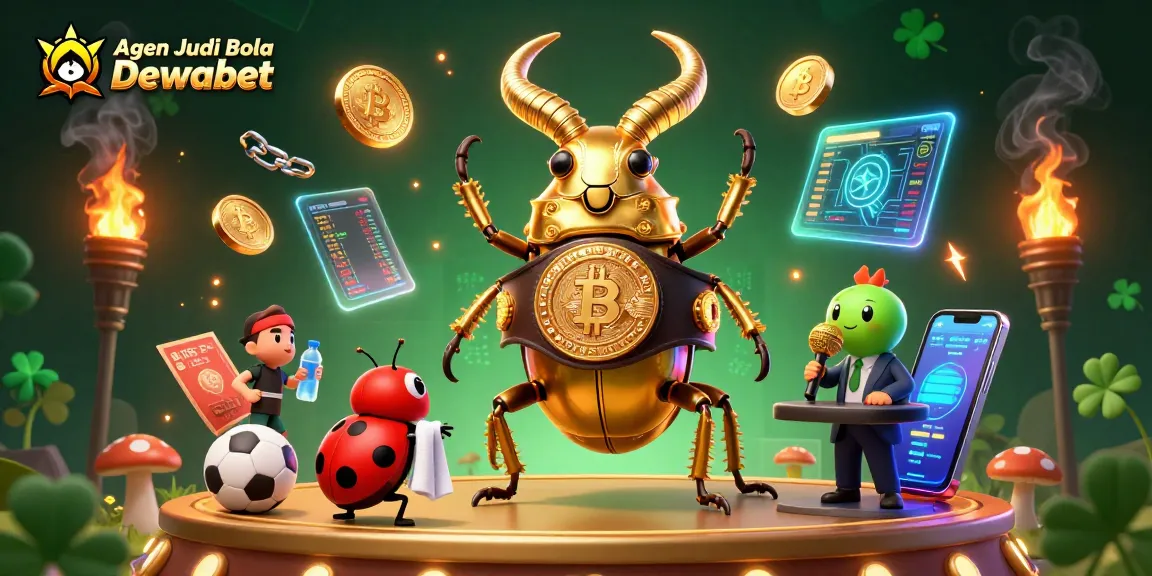 Engage in thrilling betting with Agen Judi Bola Dewabet at a vibrant sports showdown featuring a golden stag beetle and neon elements.