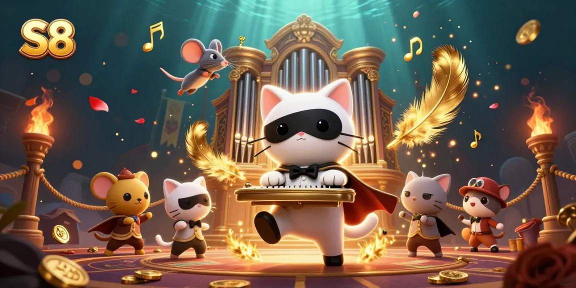 Engage in thrilling S8 casino adventures with a dynamic scene of a masked cat and a mouse acrobat.