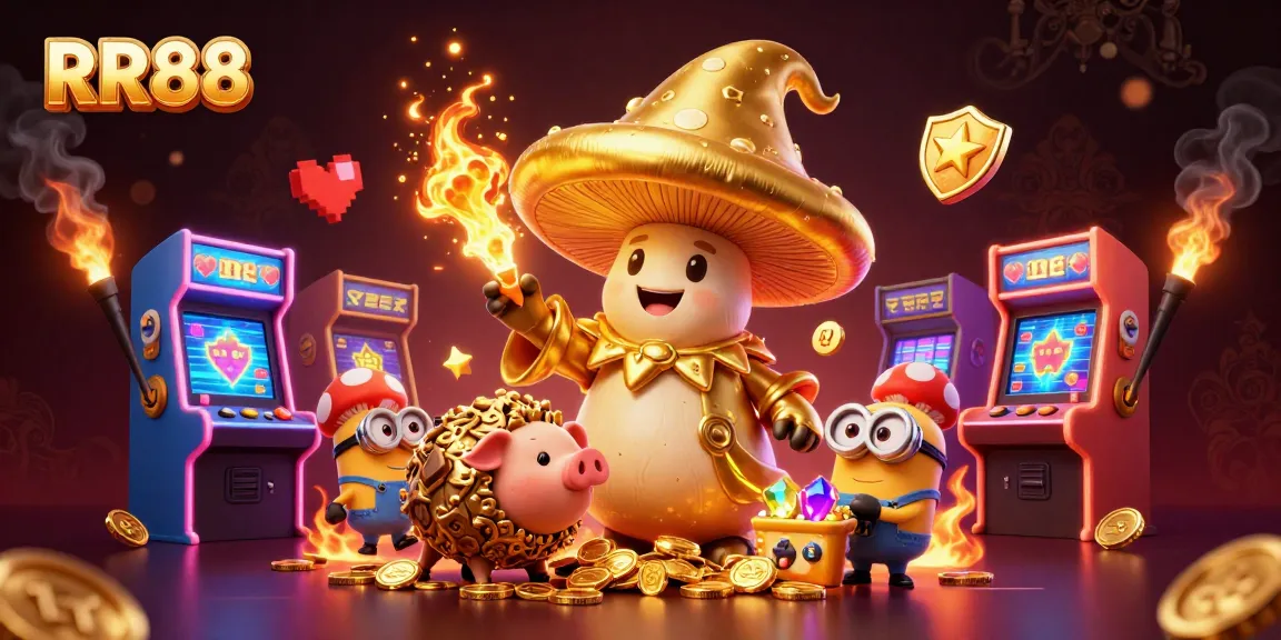 Experience RR88’s enchanting casino world with a golden wizard, treasures, and vibrant gaming elements.