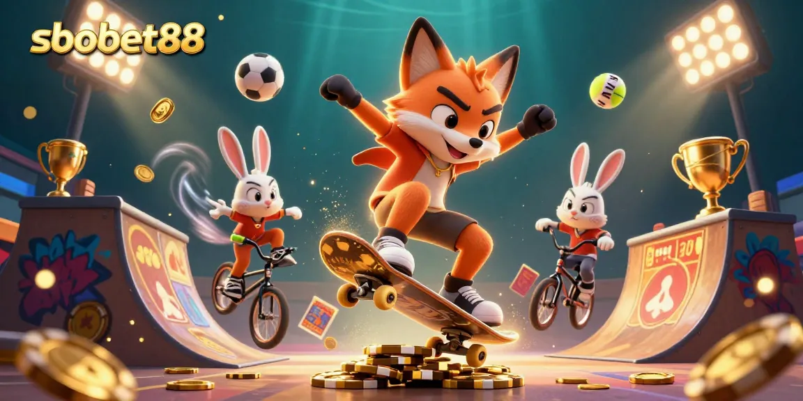 Engage in sbobet88 sports betting excitement with vibrant cartoon characters in a dynamic casino scene.