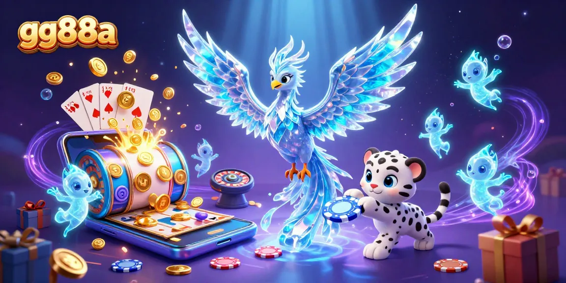 Engage in exciting gameplay at gg88a with a vibrant 3D illustration of an ice phoenix, casino elements, and fun characters.