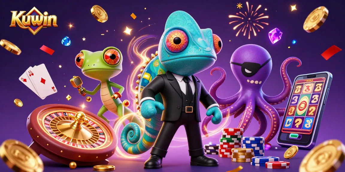 Engage in casino excitement with Kuwin's dynamic 3D scene featuring vibrant characters and gaming elements.