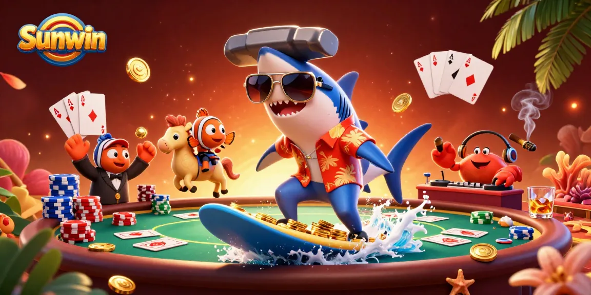 Experience Sunwin's vibrant casino magic with a lively shark surfing on gold coins!