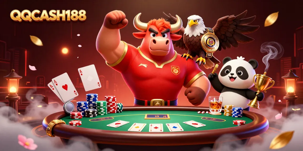 Engage in thrilling poker gameplay with QQCASH188 at the center of an animated, vibrant casino scene.