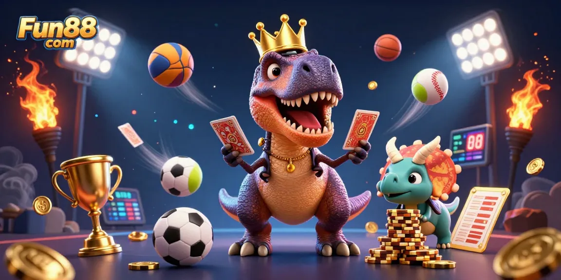 Engage with Fun88 com in this dynamic 3D illustration featuring casino characters and sports elements.