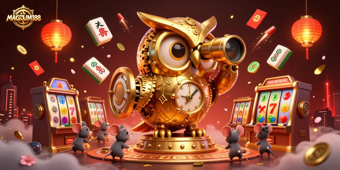 Experience the excitement of MAGNUM188 with a dynamic casino scene featuring a clockwork owl and vibrant slot games.