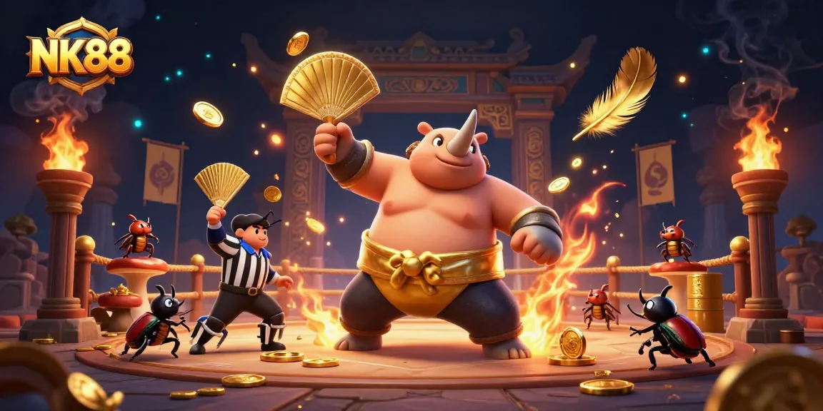 Experience thrilling gameplay at NK88 as the sumo beetle champion stamps coins in an action-packed casino scene.