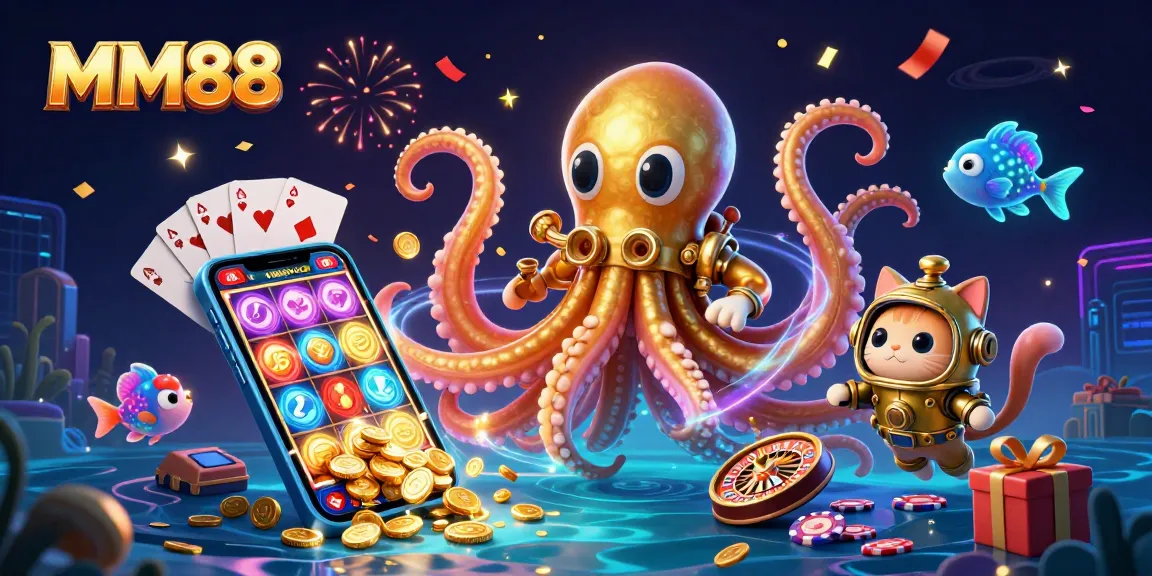 Experience MM88's thrilling games with vibrant imagery of a kraken, diving cat, and exciting casino elements.