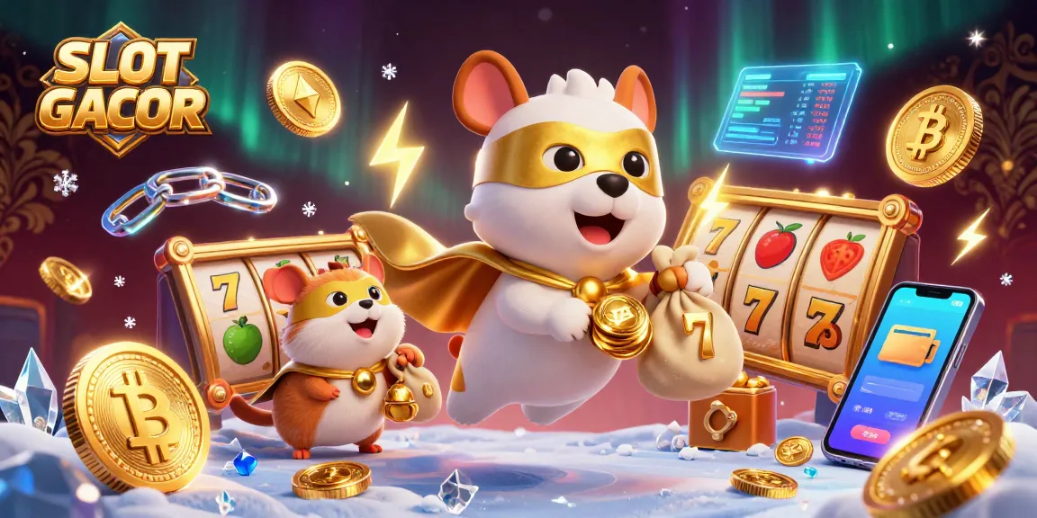 Play SLOT GACOR with a dynamic 3D illustration showing a superhero dog, gold coins, and slot game elements.