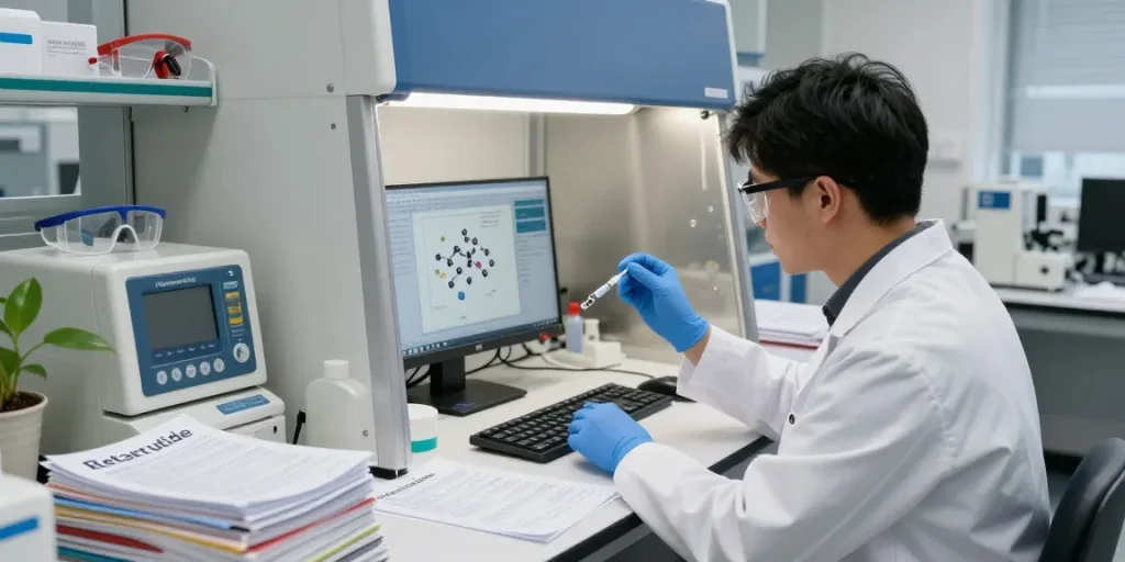 Researcher studying Retatrutide in a lab at koipeptidescanada.com/retatrutide-canada, showcasing scientific analysis and peptide studies.