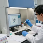 Researcher studying Retatrutide in a lab at koipeptidescanada.com/retatrutide-canada, showcasing scientific analysis and peptide studies.