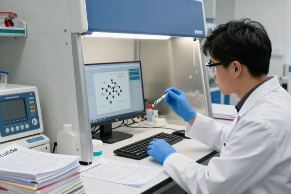 Researcher studying Retatrutide in a lab at koipeptidescanada.com/retatrutide-canada, showcasing scientific analysis and peptide studies.