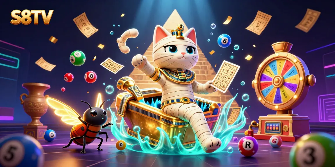 S8TV delivers thrilling casino experiences with a cartoon mummy cat amidst glowing lottery elements.