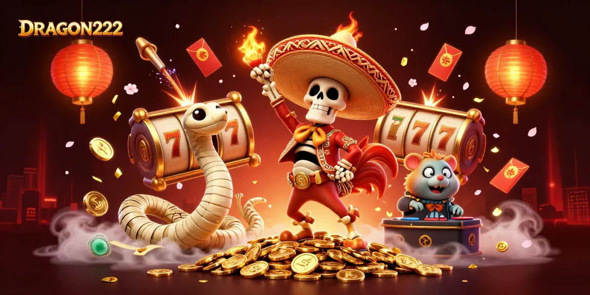 Win with thrilling spins at DRAGON222, featuring lively characters and festive gambling elements.