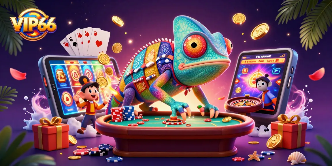 Engage with VIP66 for thrilling casino adventures featuring a vibrant chameleon and dynamic game elements.