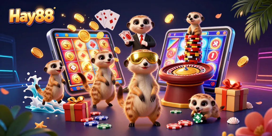 Experience thrilling gaming action at Hay88 with meerkats managing a vibrant casino scene.