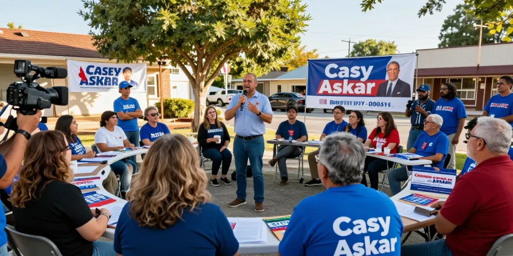 Engaged voters discussing Casey Askar's campaign at a town hall meeting.