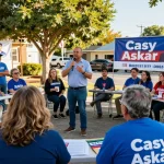 Engaged voters discussing Casey Askar's campaign at a town hall meeting.