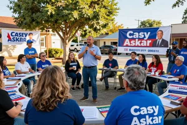Engaged voters discussing Casey Askar's campaign at a town hall meeting.