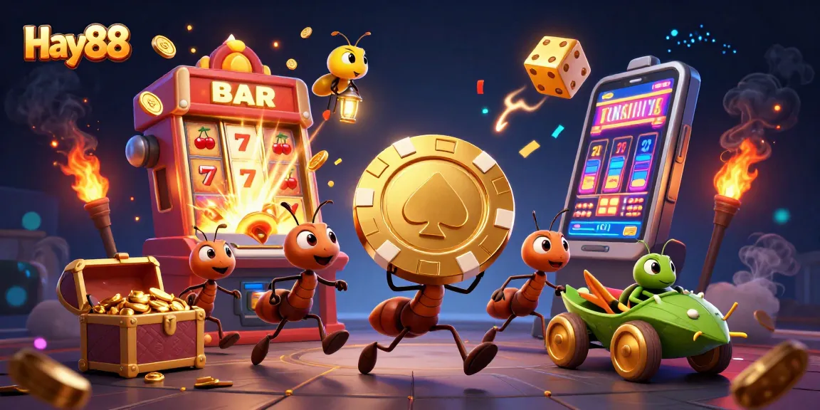 Experience thrilling wins at Hay88 with playful ants heisting giant poker chips amid a vibrant casino