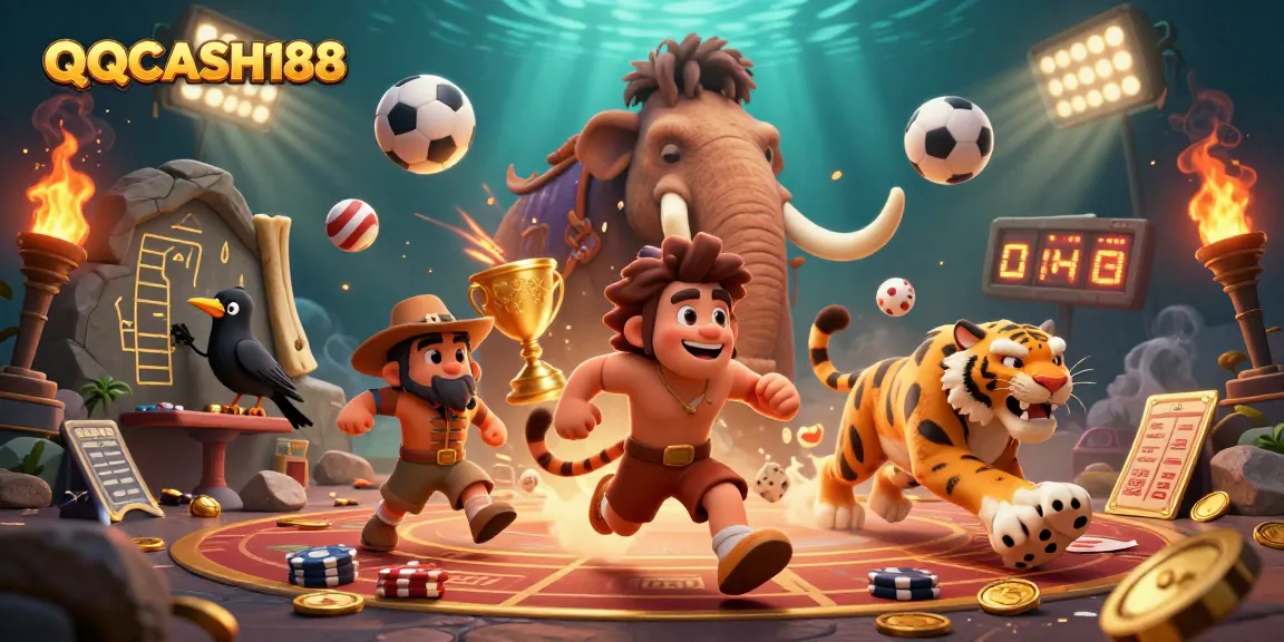 Experience the excitement of QQCASH188 with a vibrant prehistoric casino scene showcasing a playful caveman and sabertooth tiger.