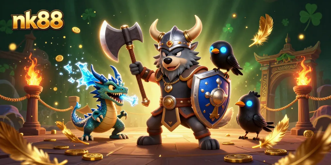 Engage with nk88 casino thrills in an enchanting 3D battle scene of a warrior, dragon, and raven.