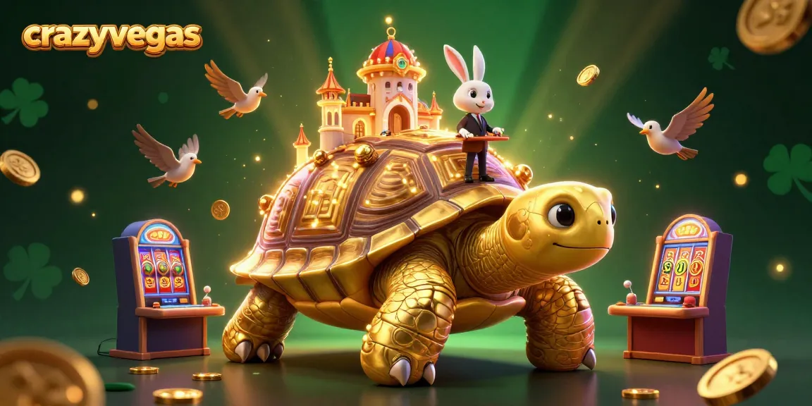 Spin to win at crazyvegas with golden tortoise, rabbit dealer, and colorful slot machines in an exciting casino scene.