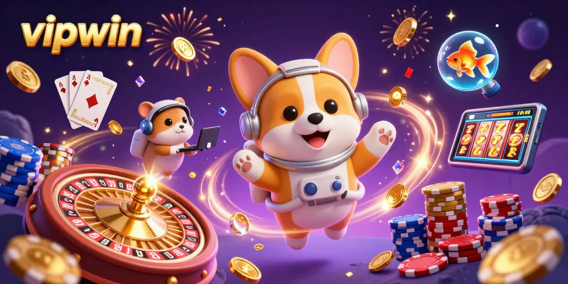 Experience excitement with vipwin - an astronaut corgi and friends in a dynamic casino scene.