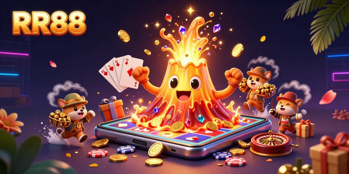 RR88 showcases a triumphant golden volcano erupting coins as tiny explorers flee with treasure in a dazzling casino scene.