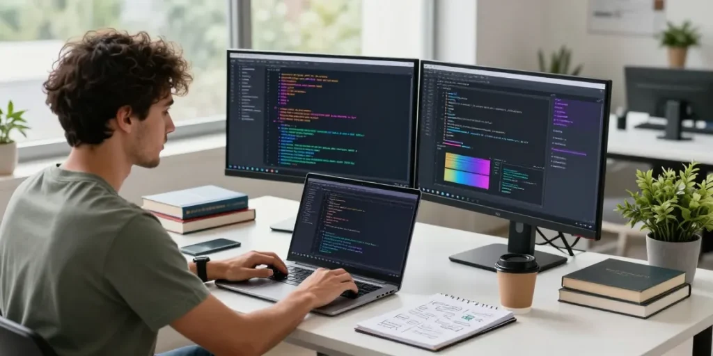 Build internal tools with AI in a bright workspace featuring a developer coding on dual monitors.