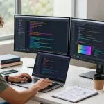 Build internal tools with AI in a bright workspace featuring a developer coding on dual monitors.