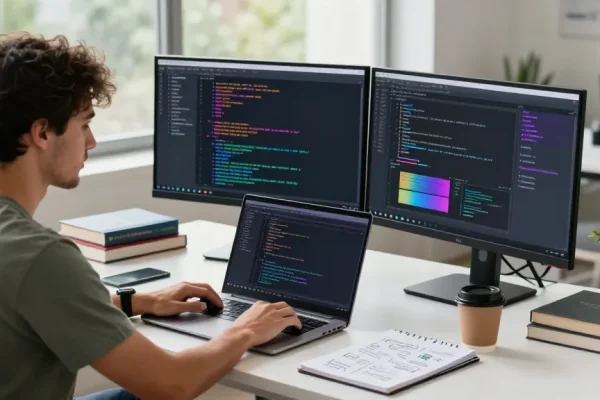 Build internal tools with AI in a bright workspace featuring a developer coding on dual monitors.