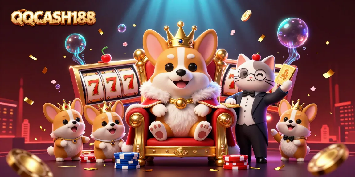 Experience QQCASH188 with vibrant 3D illustrations showcasing games, royal corgi, and dynamic casino elements.