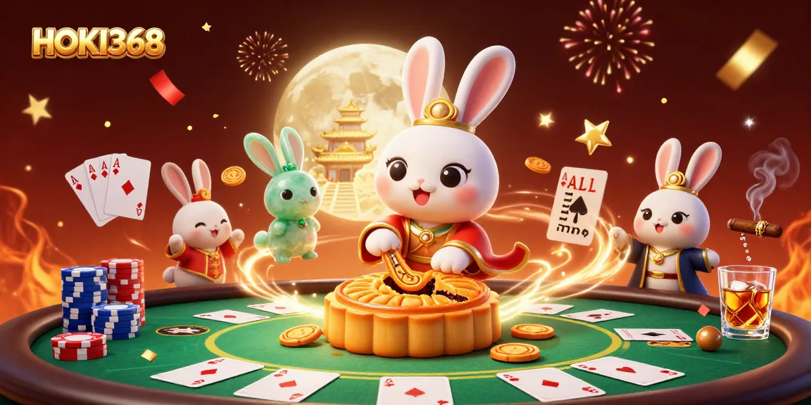 HOKI368 showcases a vibrant 3D moon rabbit scene, symbolizing casino excitement with poker chips.
