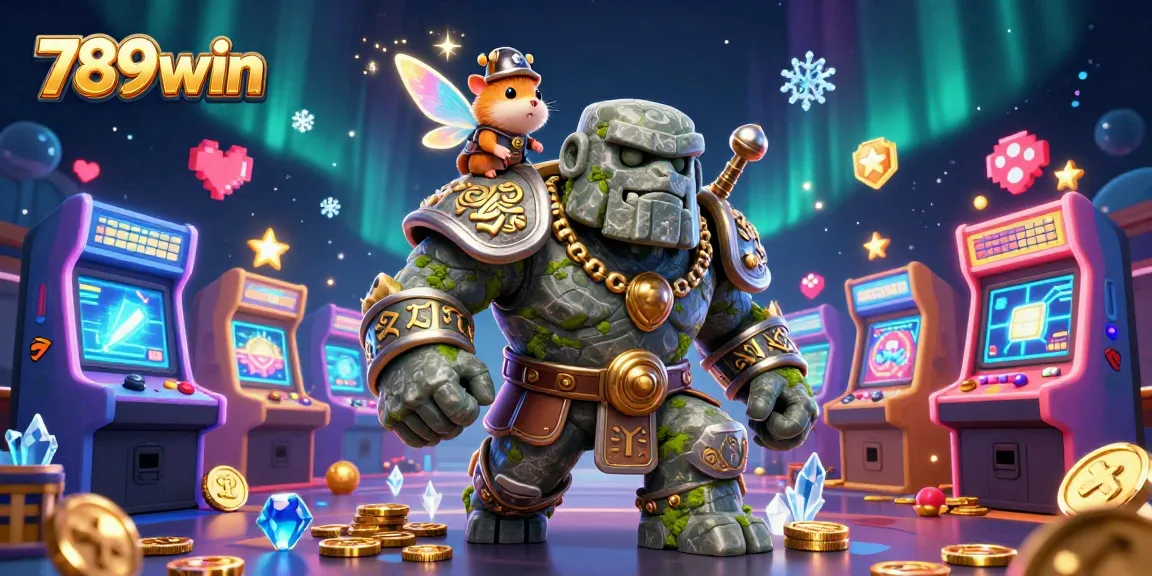 Experience the magic of 789win with the dynamic golem team amidst colorful casino-inspired game elements