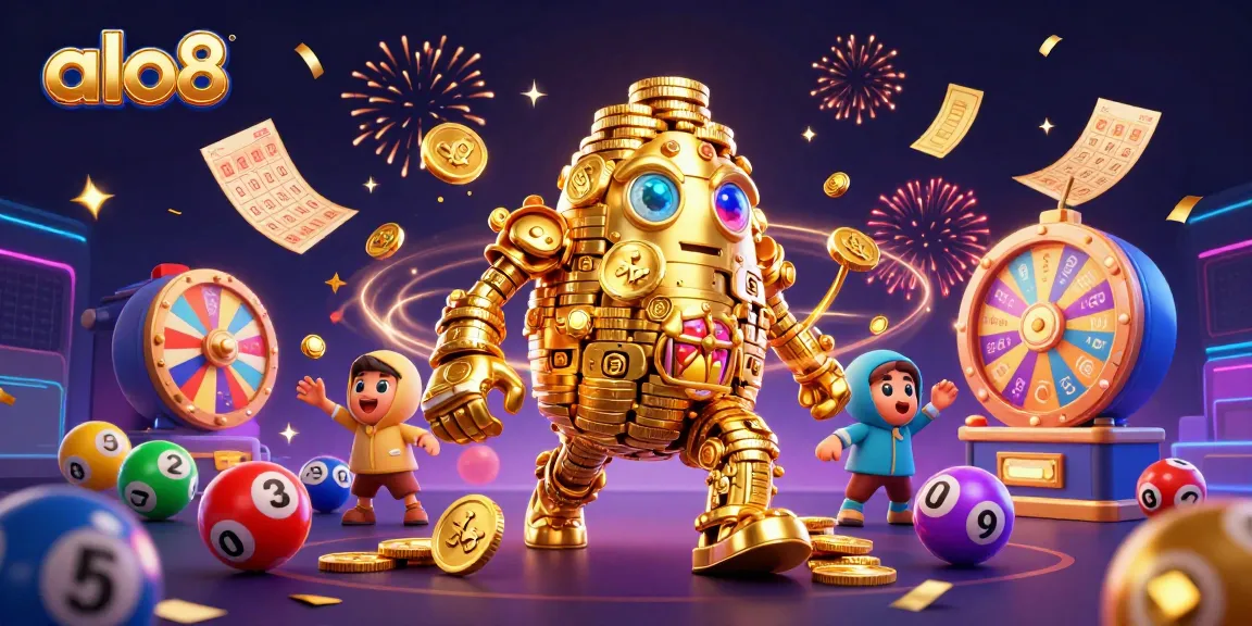 Play winning games at alo8 with golden coins and lottery balls surrounding our virtual golem character.