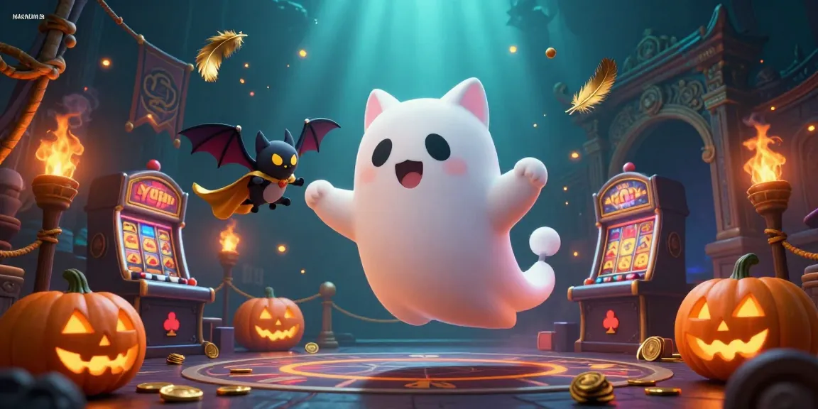 Engage in thrilling MAGNUM188 gameplay with a ghost cat navigating a haunted casino, amidst glowing poker pumpkins and swirling gold.