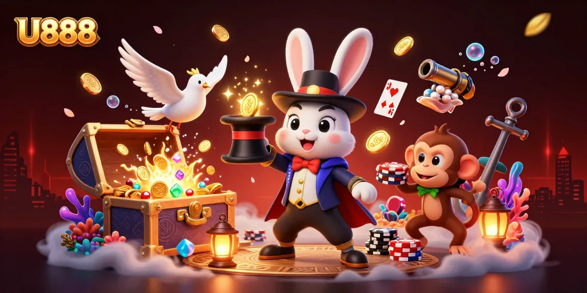 Experience magic at U888 with a cartoon rabbit conjuring coins and playful elements.