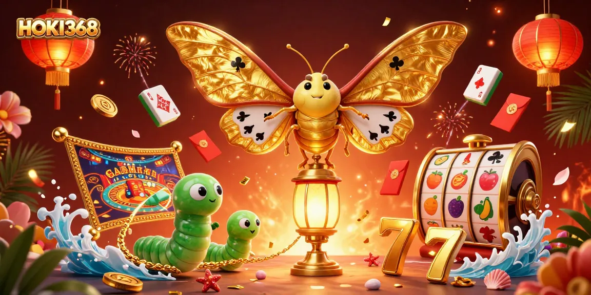 Engage with HOKI368's vibrant casino world, showcasing slot reels and animated characters.