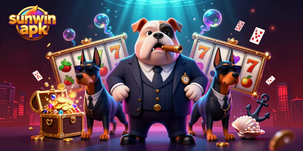 Win with sunwin apk in this vibrant casino-themed illustration, featuring a mafia boss bulldog.