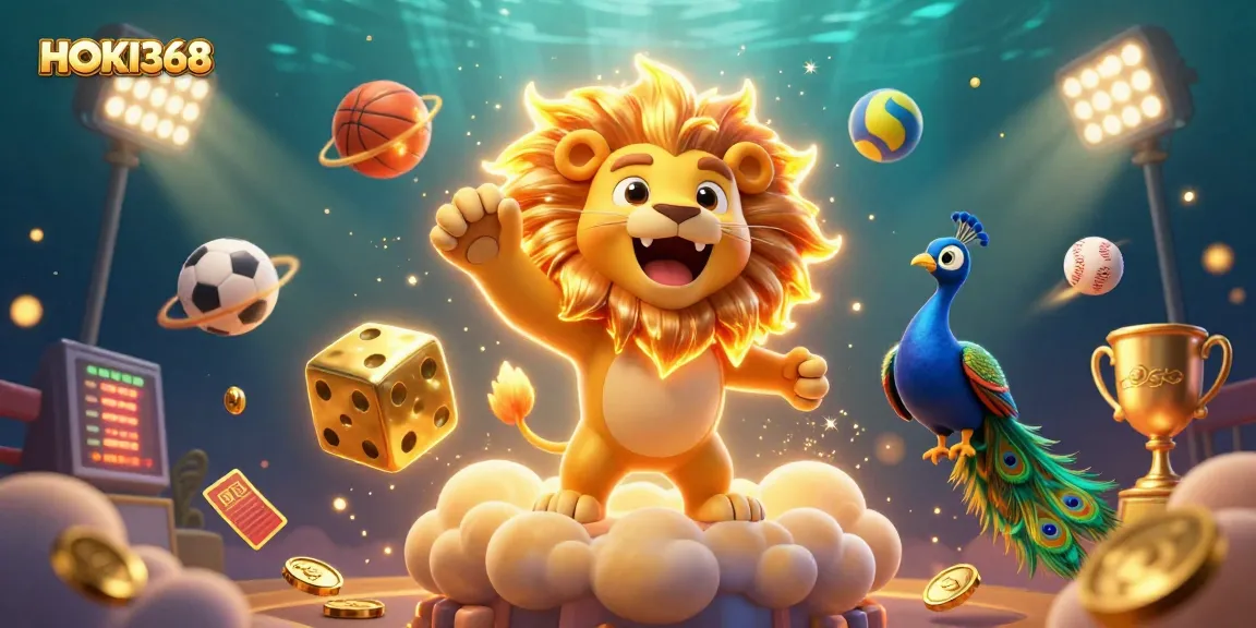 Play thrilling games at HOKI368, featuring a roaring lion and dynamic sports elements in this vibrant casino artwork.