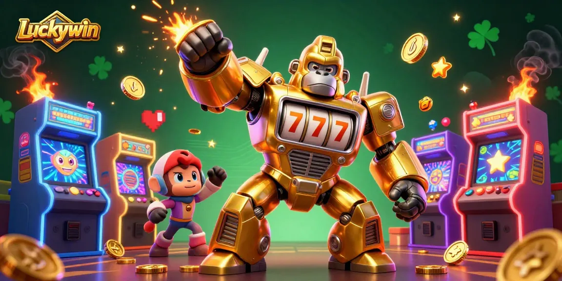 Luckywin game scene featuring a golden gorilla mech amidst arcade action and casino elements.