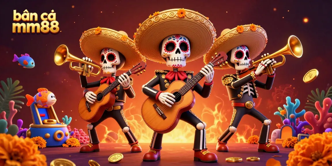 Bắn cá mm88 offers a vibrant 3D illustration showcasing a mariachi band amidst underwater elements and casino-style details.